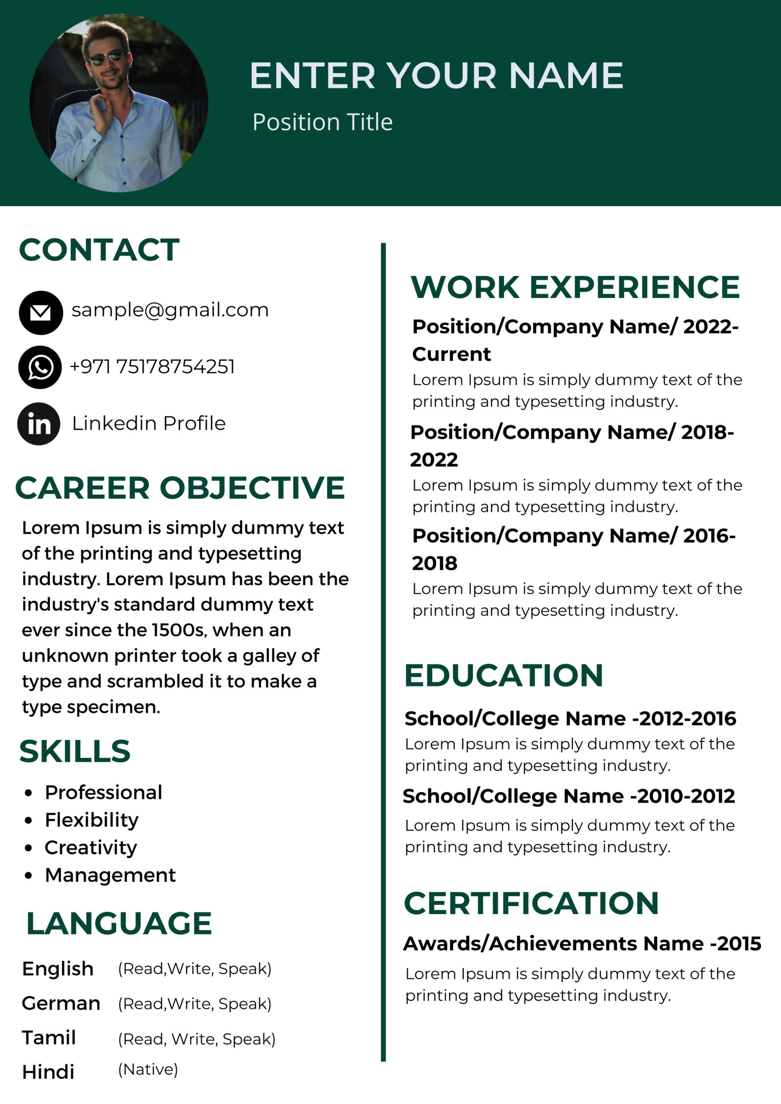 Dubai Resume Template – Bold Header Layout