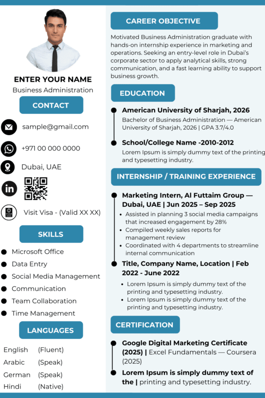 Fresh Graduate Resume Template Dubai 2026 — Soft Blue Minimal | Canva Editable ATS-Friendly