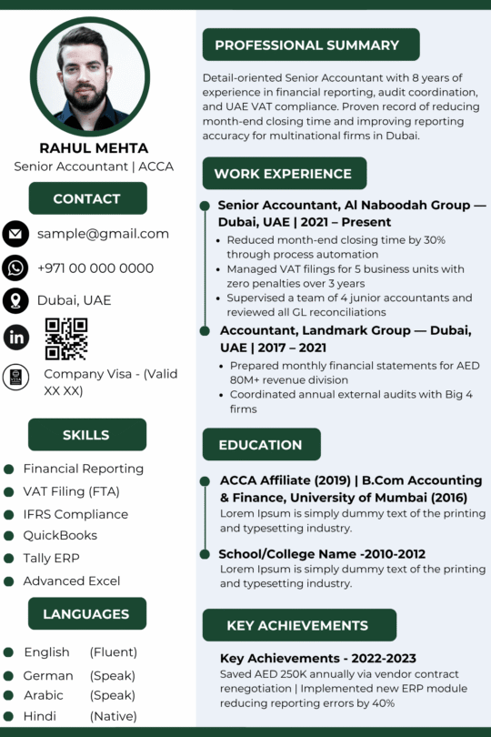 Accountant Resume Template Dubai 2026 — Conservative Classic | Canva Editable ATS-Friendly