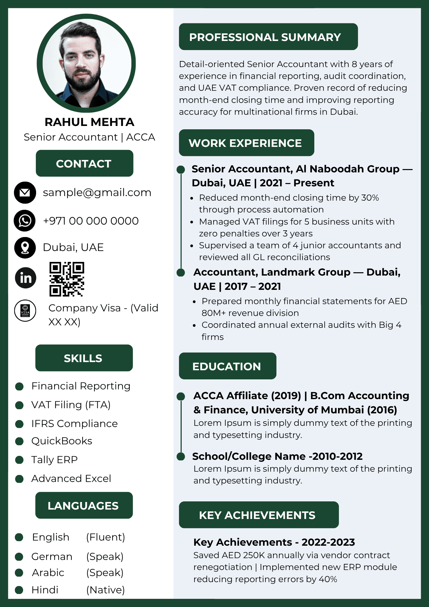 Accountant Resume Template Dubai 2026 — Conservative Classic | Canva Editable ATS-Friendly