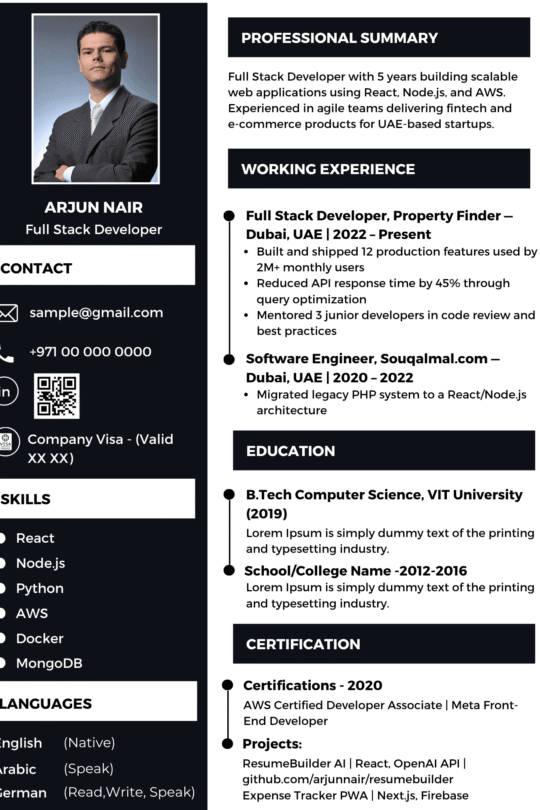 Software Engineer Resume Template Dubai 2026 — Modern Skills Grid | Canva Editable ATS-Friendly