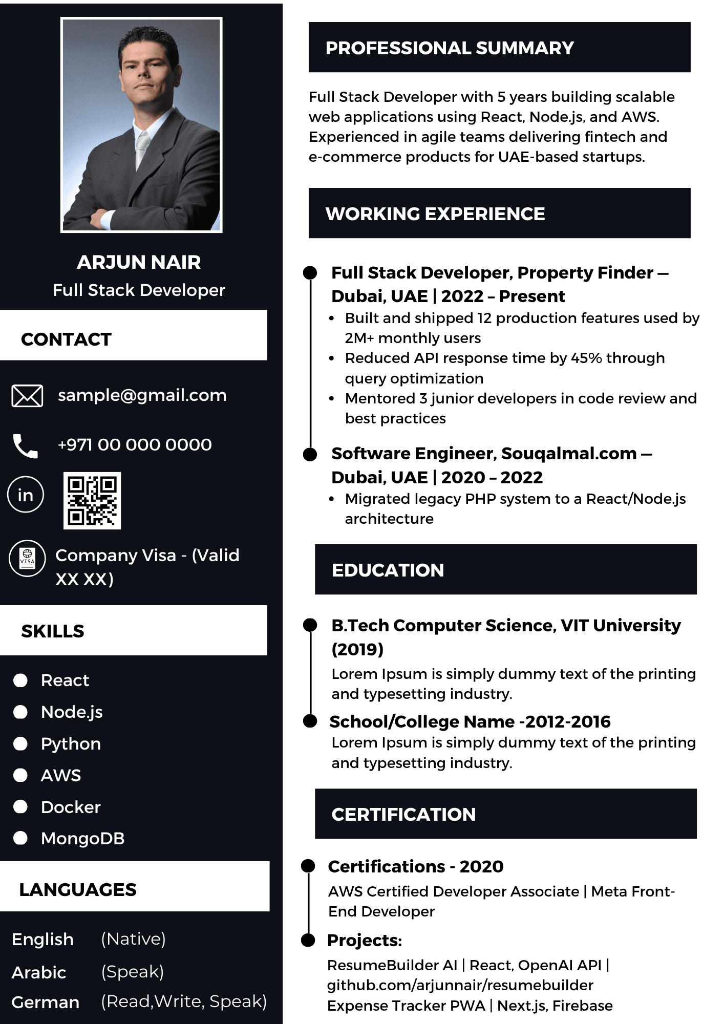 Software Engineer Resume Template Dubai 2026 — Modern Skills Grid | Canva Editable ATS-Friendly