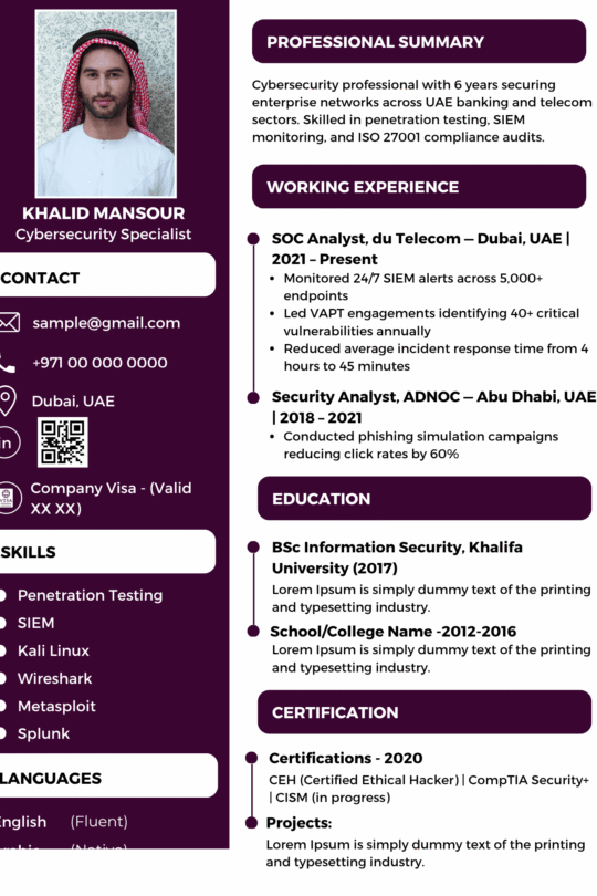 IT Support Resume Template Dubai 2026 — Dark Sidebar | Canva Editable ATS-Friendly