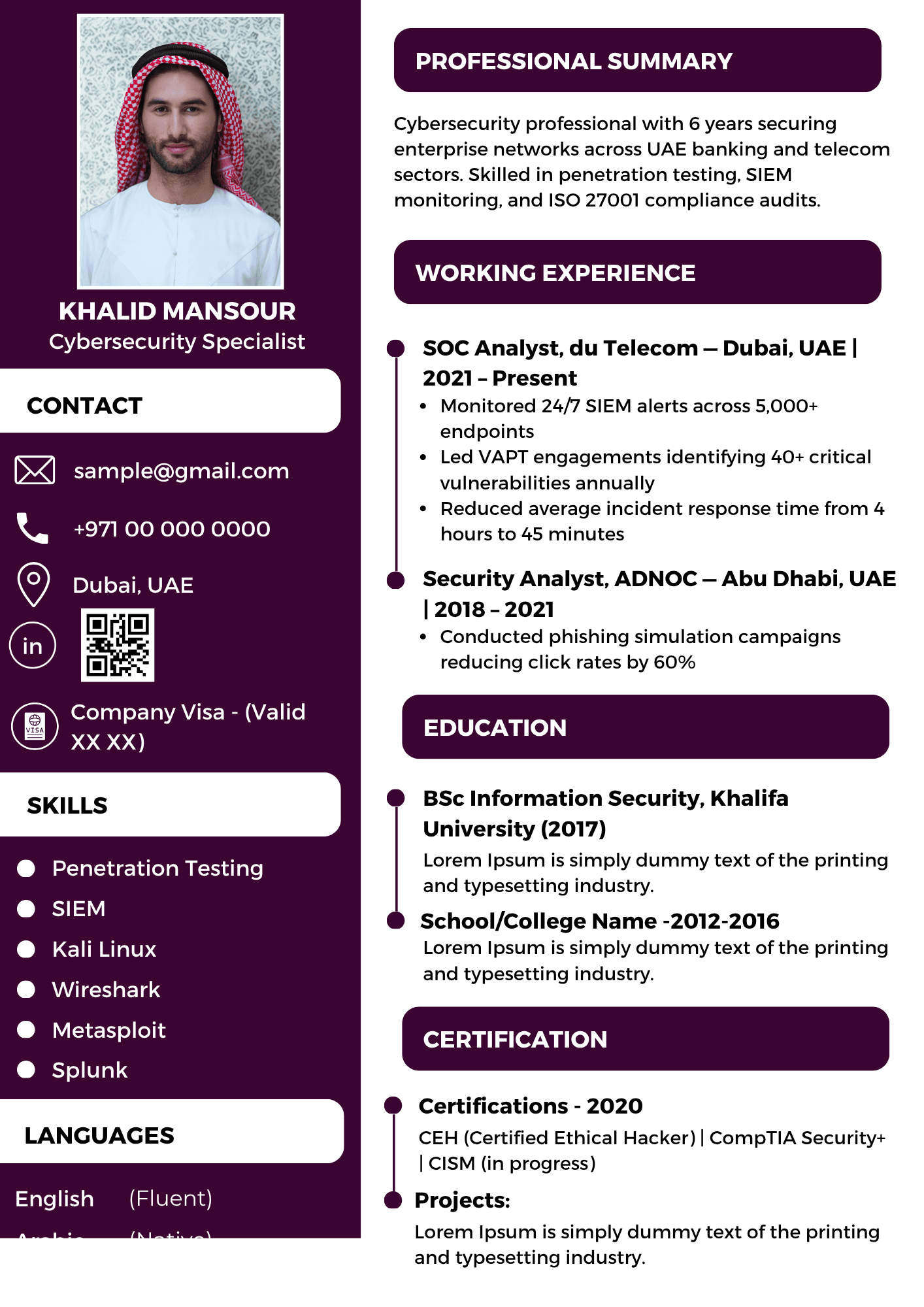 IT Support Resume Template Dubai 2026 — Dark Sidebar | Canva Editable ATS-Friendly