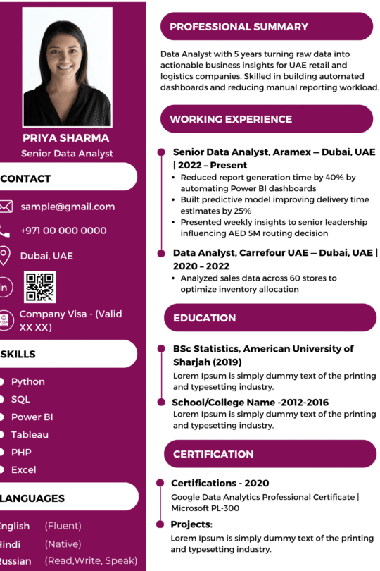 Data Analyst Resume Template Dubai 2026 — Compact Technical | Canva Editable ATS-Friendly