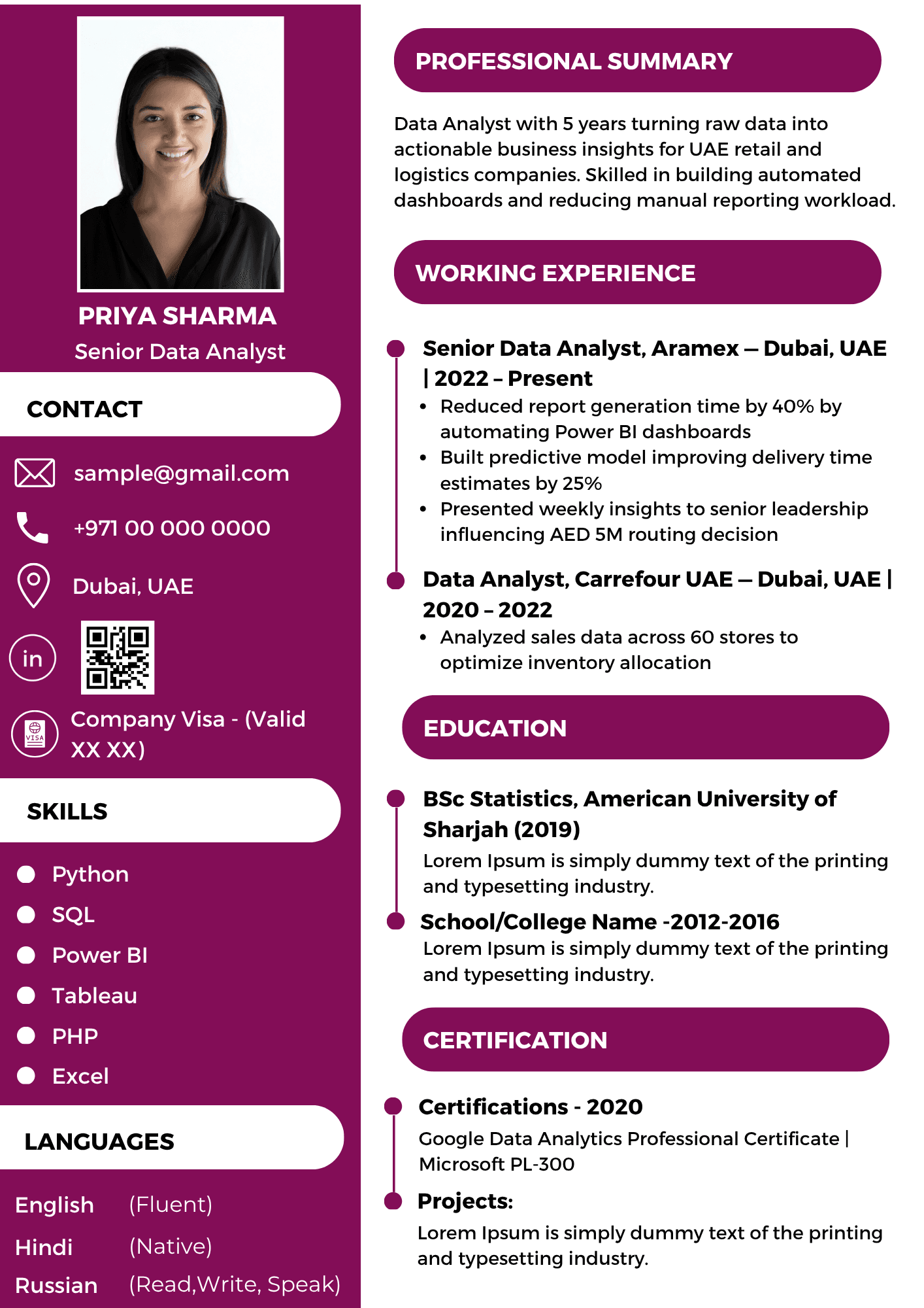 Data Analyst Resume Template Dubai 2026 — Compact Technical | Canva Editable ATS-Friendly