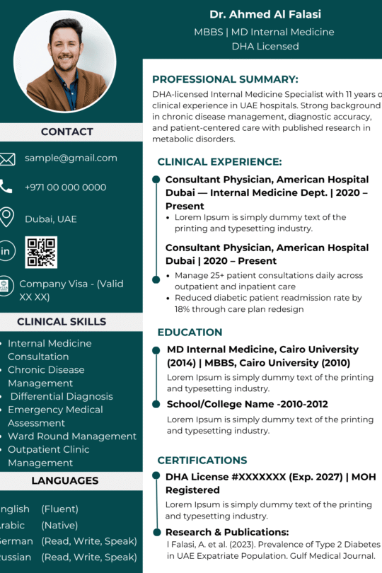 Doctor CV Template Dubai 2026 — Academic Single-Column | Canva Editable ATS-Friendly