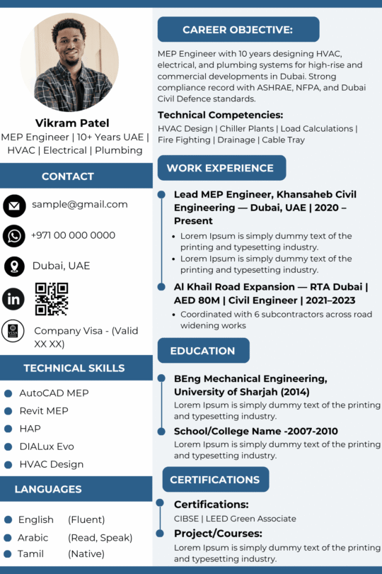 Mechanical Engineer Resume Template Dubai 2026 — Two-Column | Canva Editable ATS-Friendly