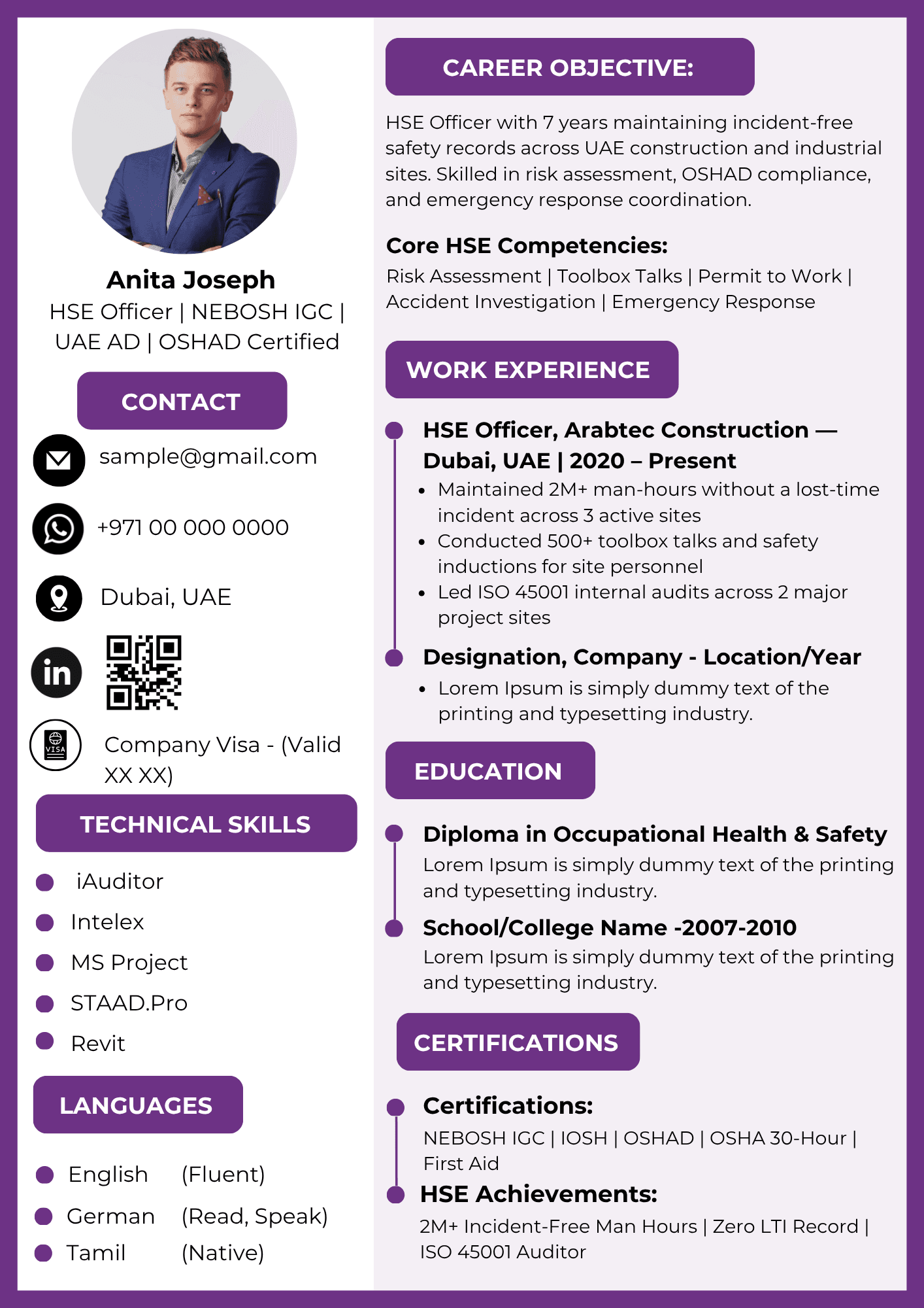 Project Manager Resume Template Dubai 2026 — Clean Professional | Canva Editable ATS-Friendly