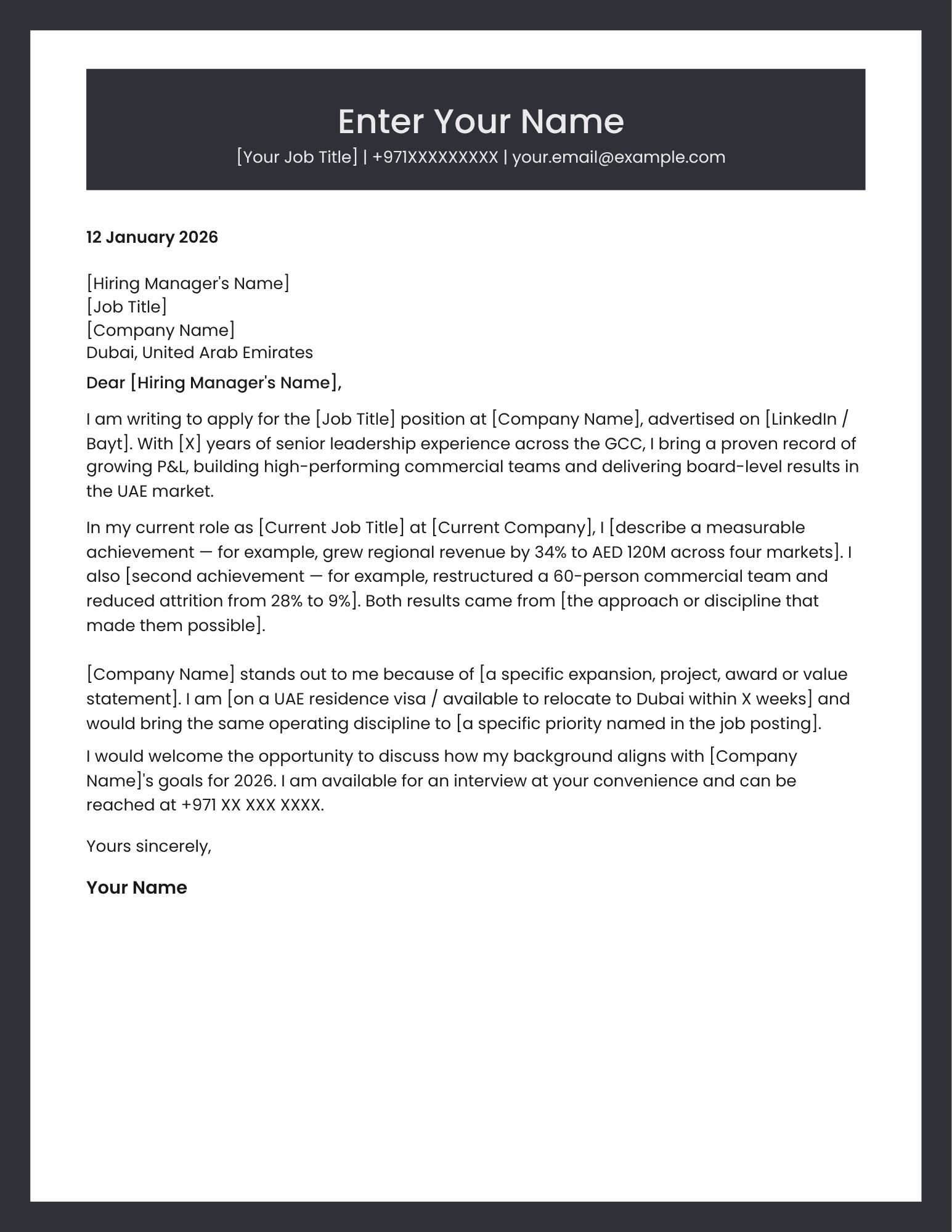 Dubai senior manager cover letter template classic design Canva editable A4