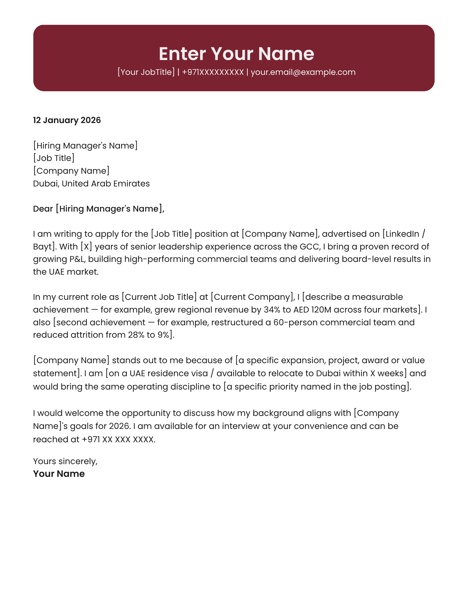 UAE executive cover letter template c-suite professionals Canva editable A4