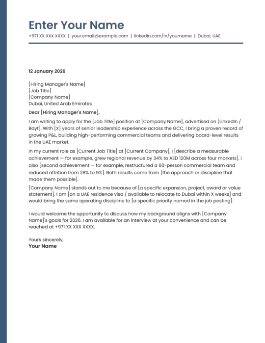 Dubai corporate management cover letter template contemporary design Canva A4