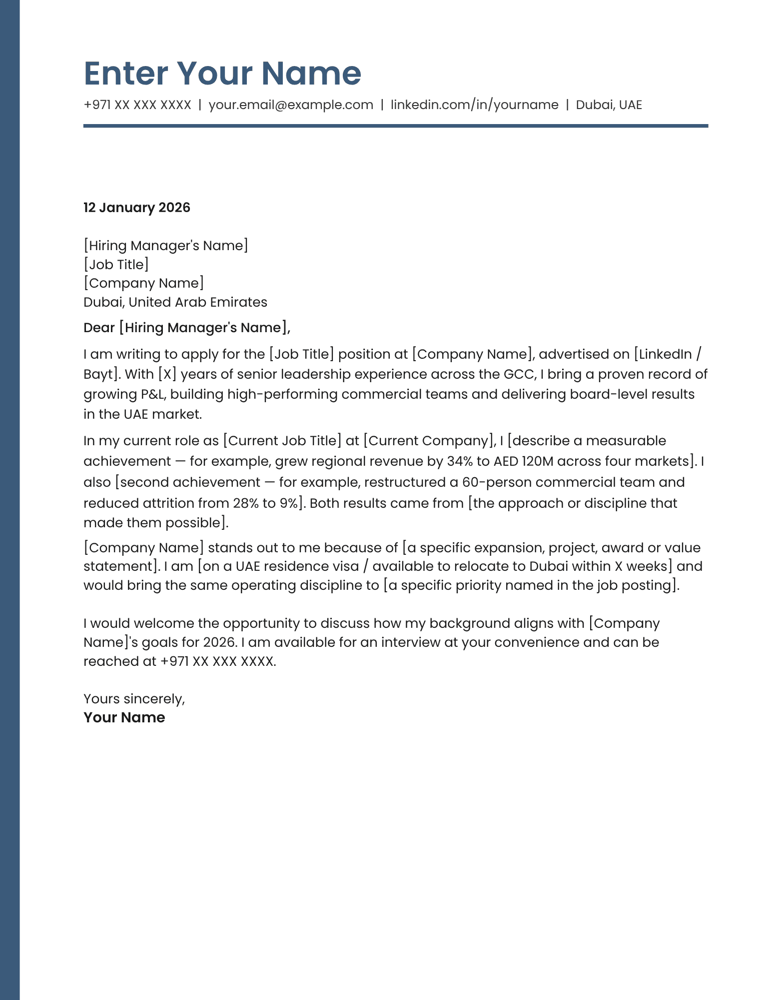 Dubai corporate management cover letter template contemporary design Canva A4