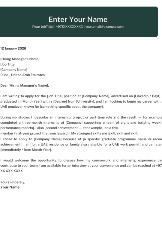 Fresher Cover letter Dubai job Format