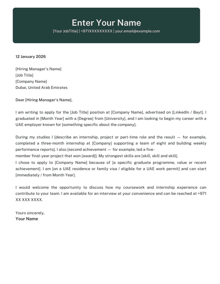 Fresher Cover letter Dubai job Format