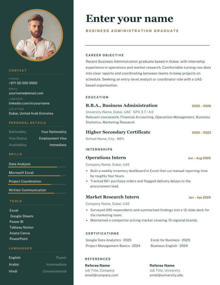 Fresh Graduate Resume Template Dubai 2026 — Entry Level Clean Canva ATS-Friendly | RCH43