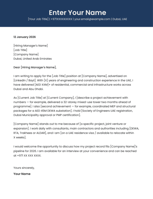 Dubai civil engineer cover letter template professional design Canva editable A4