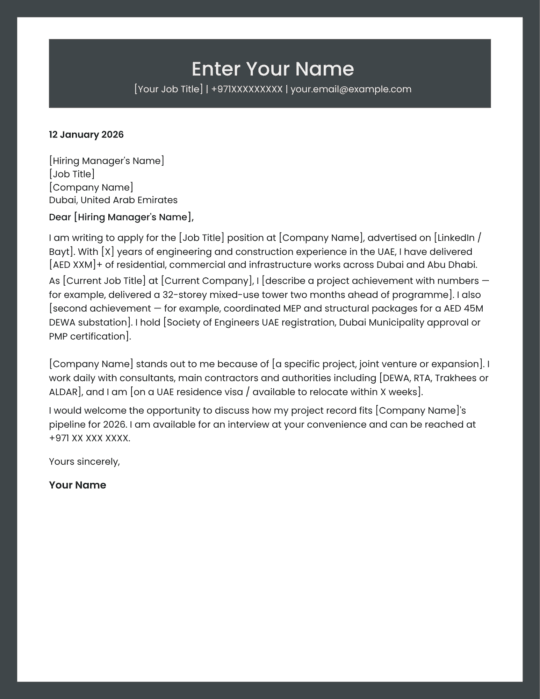 UAE construction manager cover letter template classic style Canva editable A4