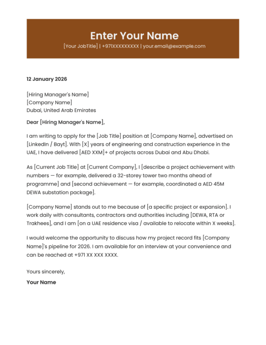 Dubai project engineer cover letter template modern professional Canva A4
