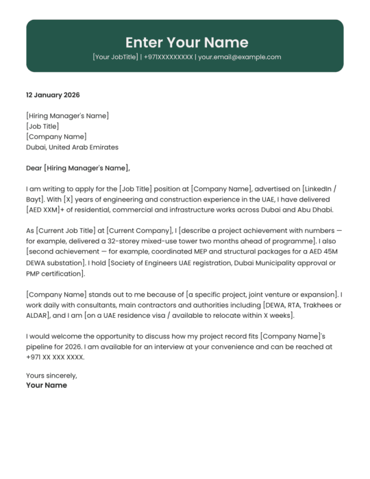 UAE site manager cover letter template contemporary design Canva editable A4