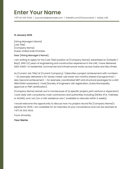 Dubai structural engineer cover letter template premium design Canva A4