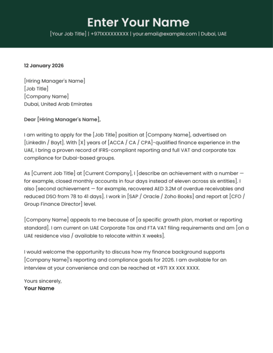 Dubai finance manager cover letter template classic professional Canva A4