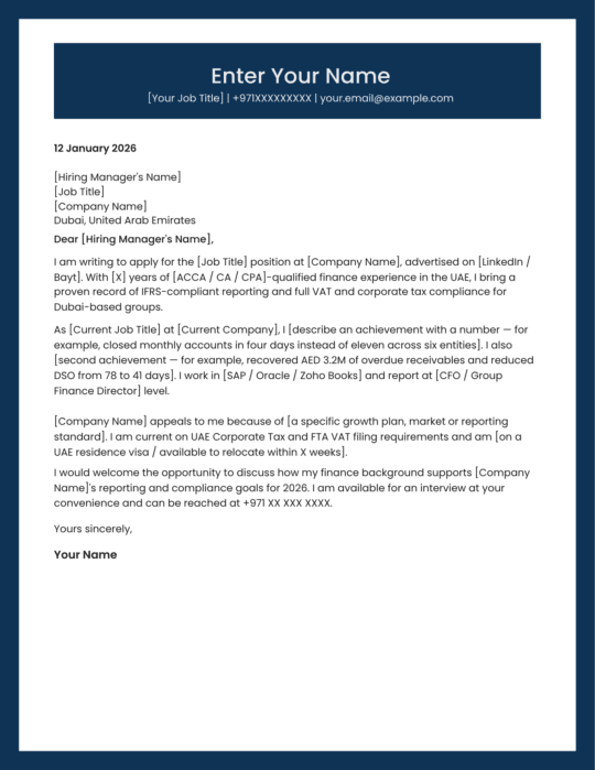UAE accountant cover letter template professional design Canva editable A4