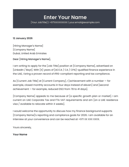 Dubai investment banking cover letter template premium style Canva A4