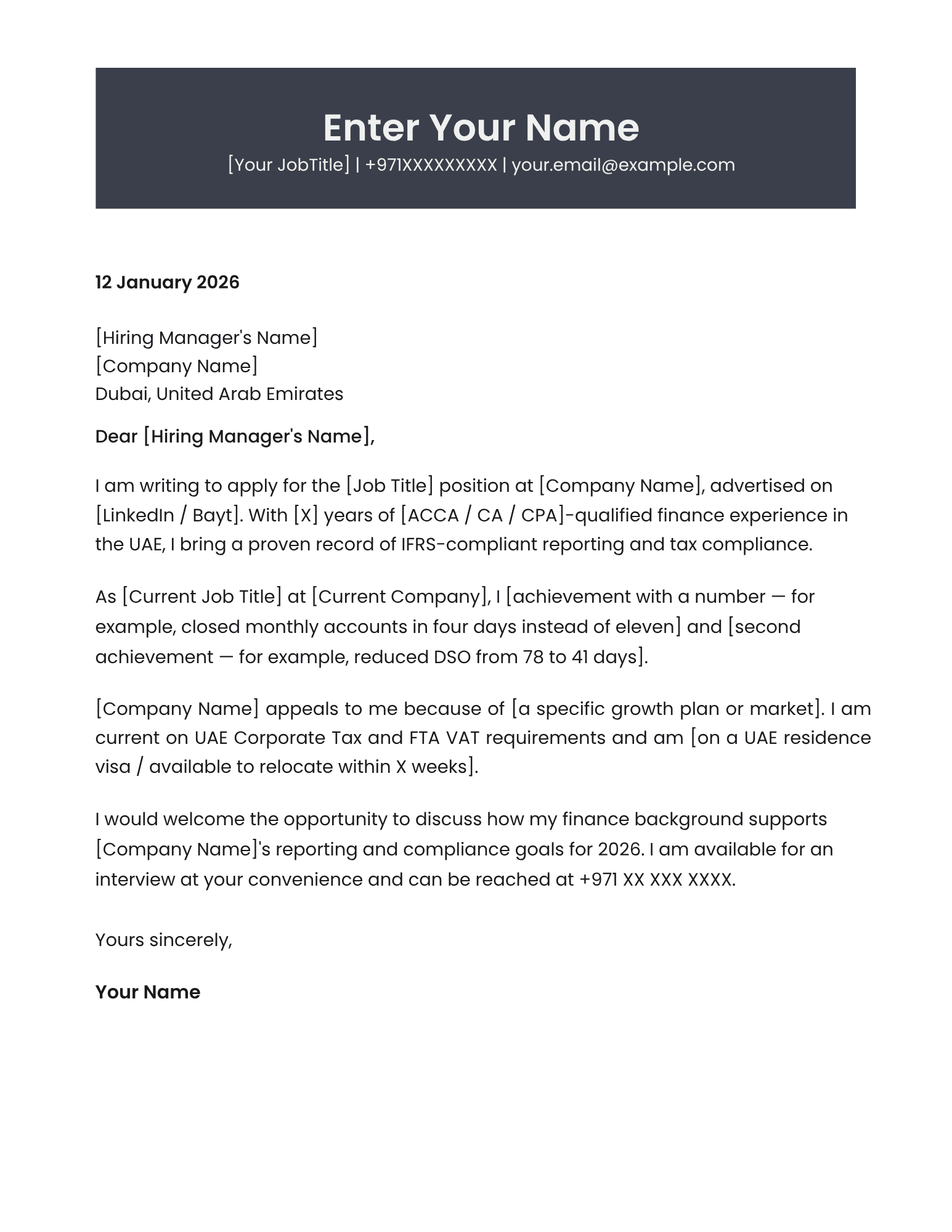 Dubai investment banking cover letter template premium style Canva A4