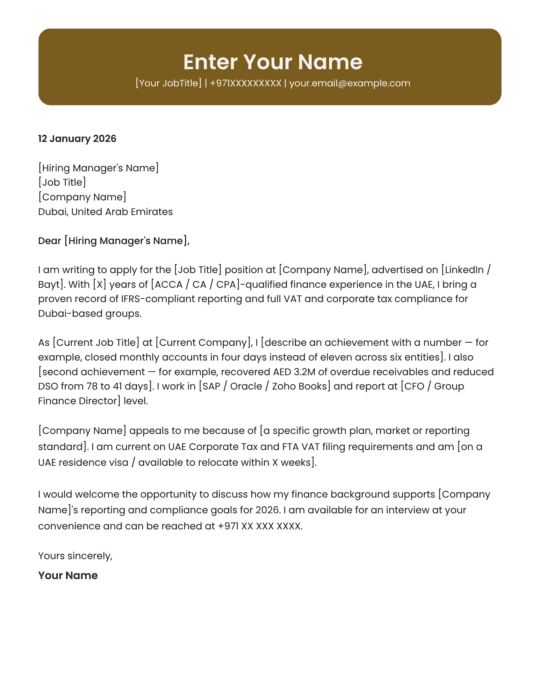 UAE Financial Analyst Cover Letter Template | Modern Design | Canva