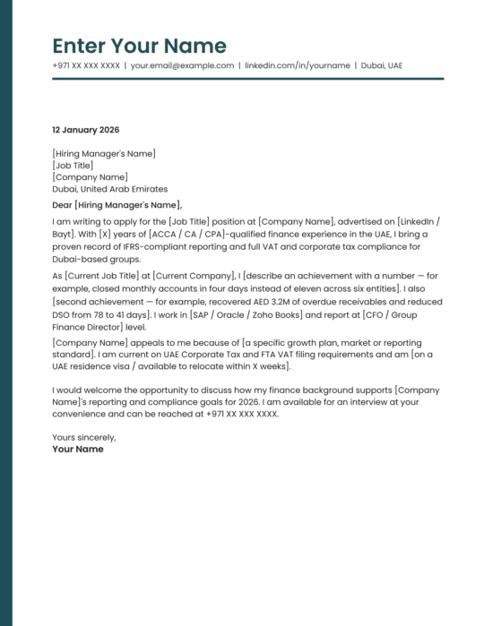 Dubai audit manager cover letter template contemporary style Canva A4