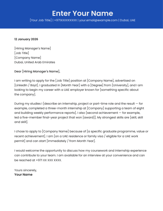 Dubai fresh graduate cover letter template modern design Canva A4