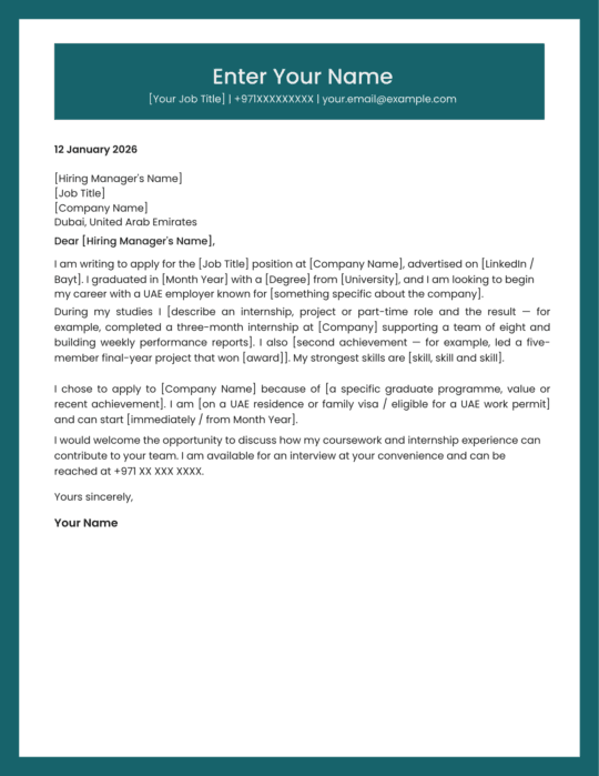 UAE entry level cover letter template classic style Canva A4
