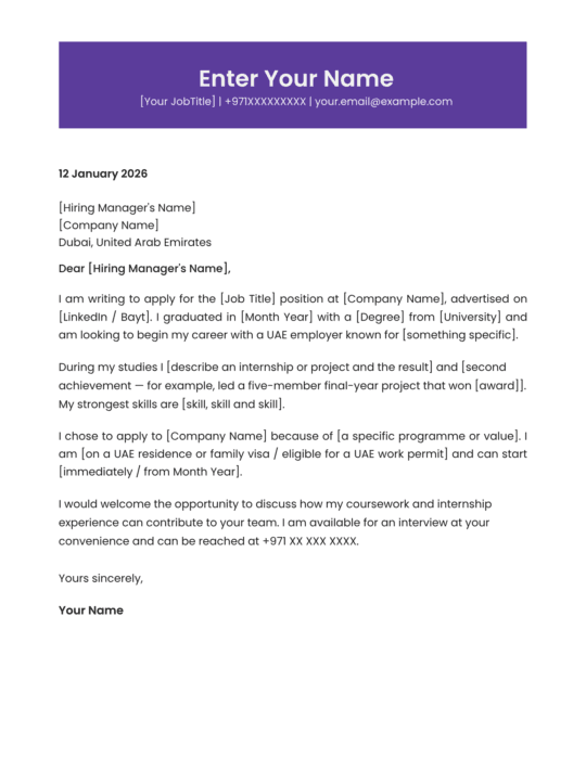 Dubai university graduate cover letter template clean design Canva A4