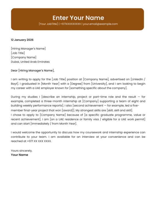 UAE first job cover letter template professional style Canva A4