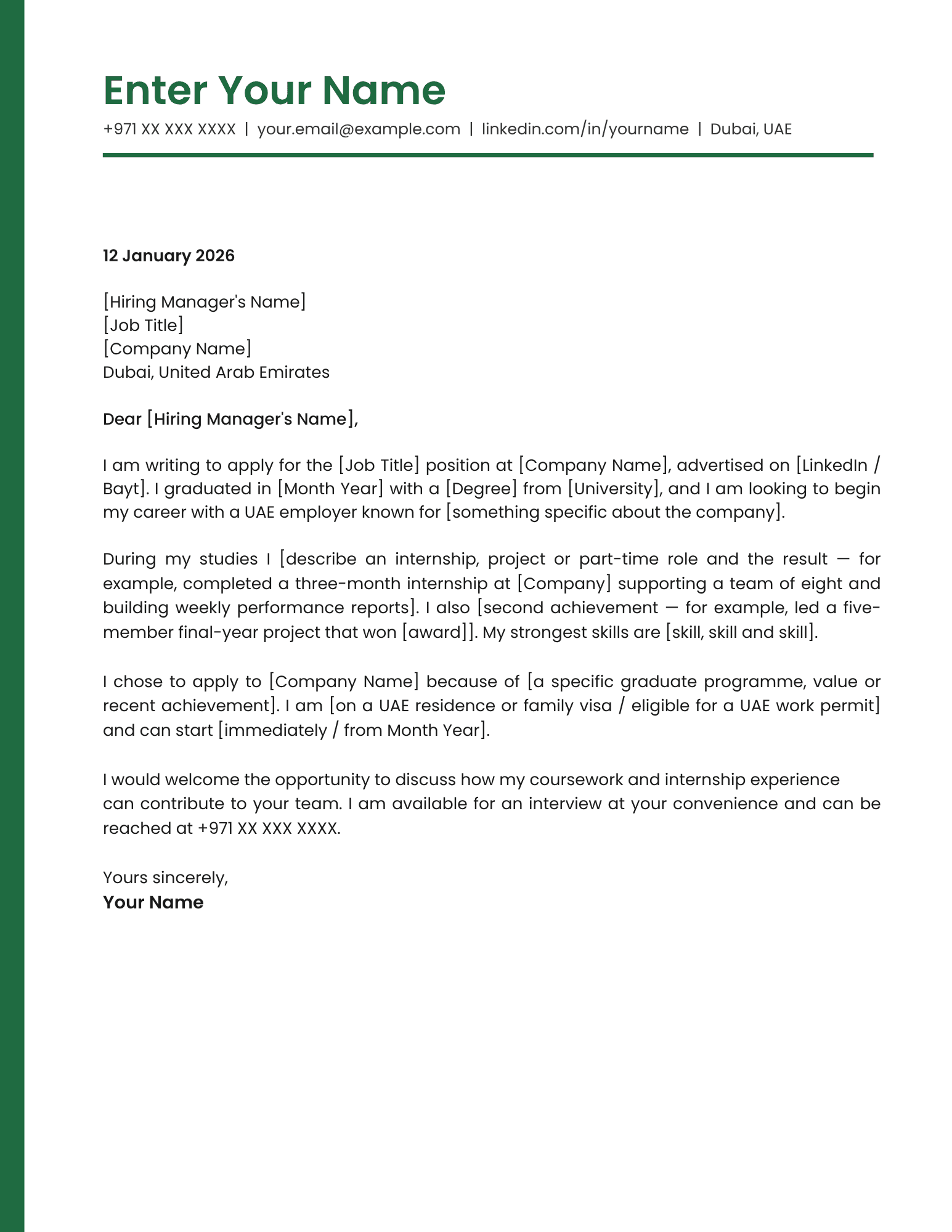 Dubai Junior Professional Cover Letter Template | Contemporary Design | Canva