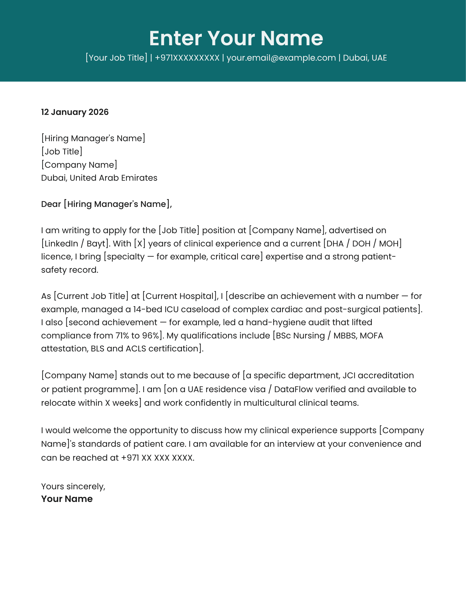 Dubai healthcare professional cover letter template modern design Canva A4