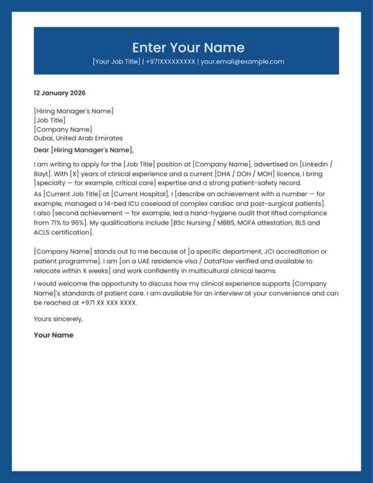 UAE doctor cover letter template professional medical design Canva A4
