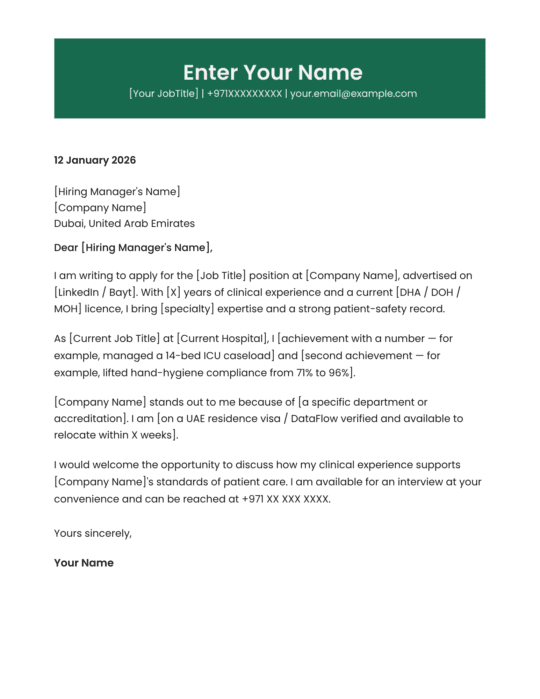 Dubai nurse cover letter template classic medical design Canva A4