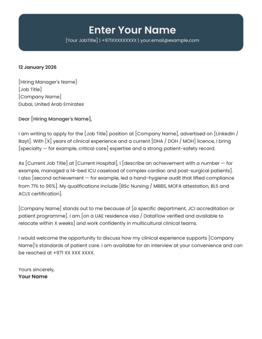 UAE medical professional cover letter template contemporary style Canva A4