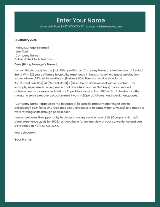 UAE hotel manager cover letter template modern style Canva A4