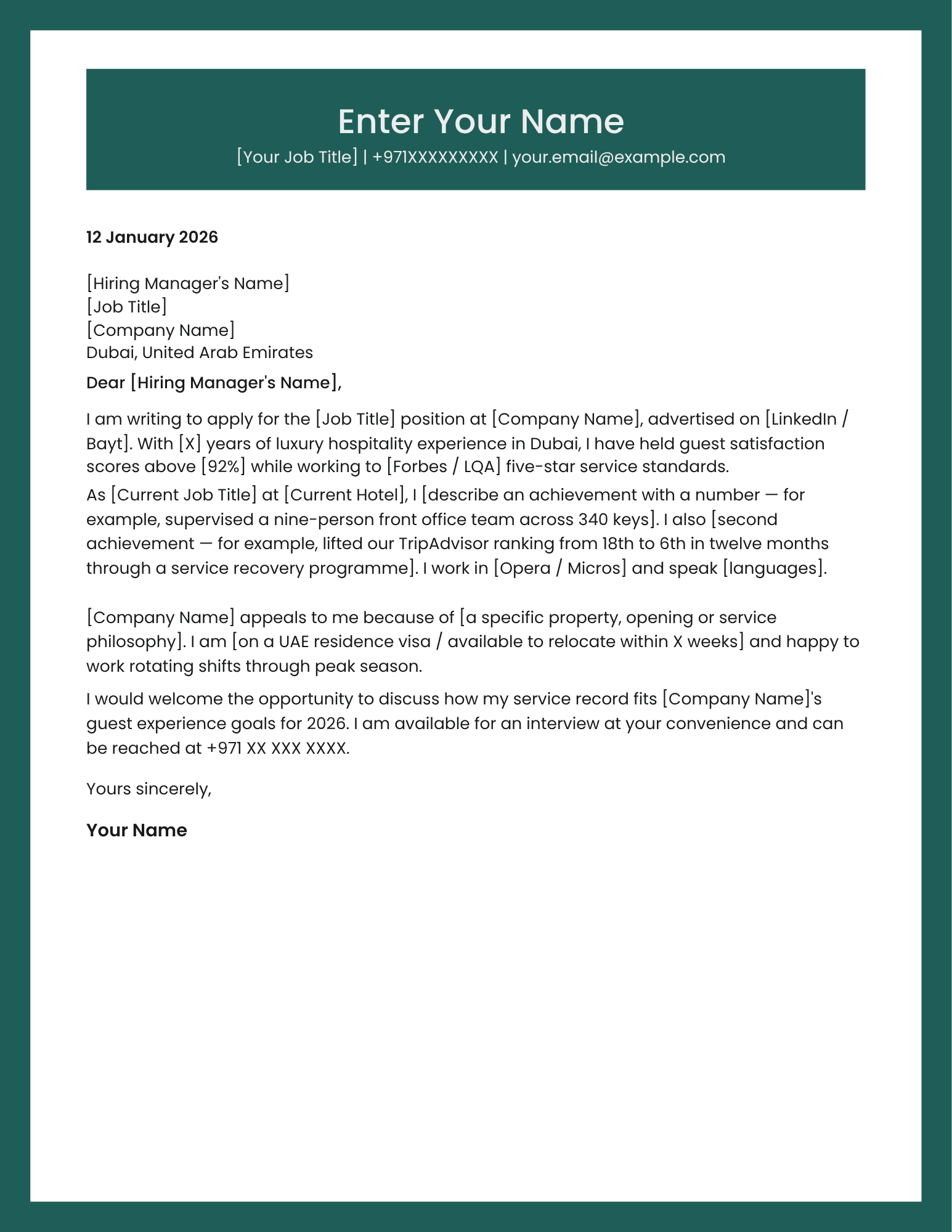 UAE hotel manager cover letter template modern style Canva A4