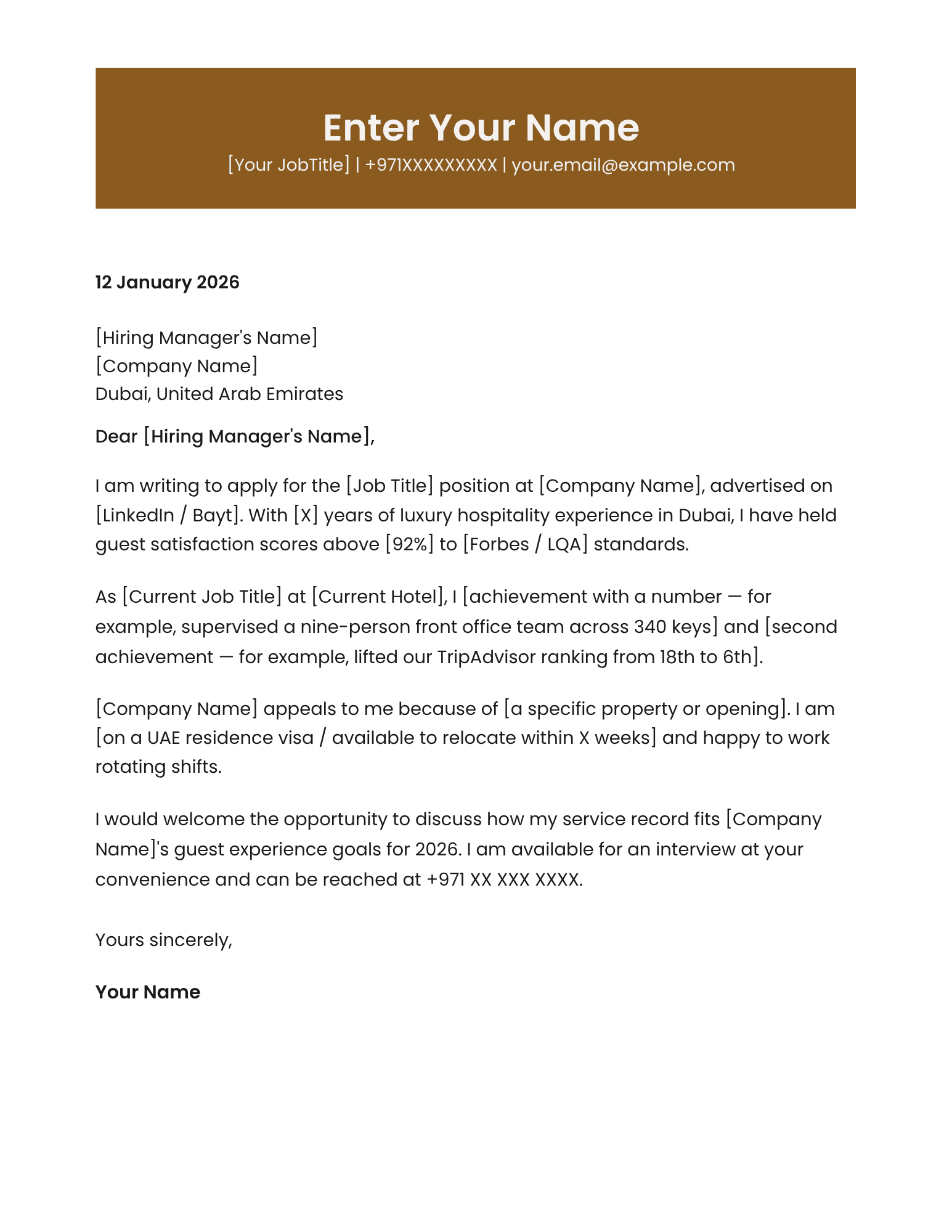Dubai tourism professional cover letter template premium design Canva A4