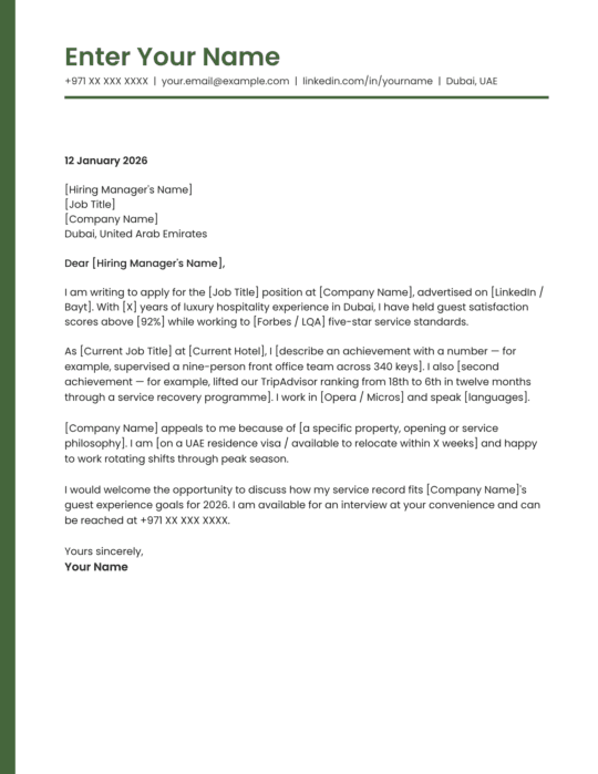 Dubai hospitality manager cover letter template contemporary style Canva A4