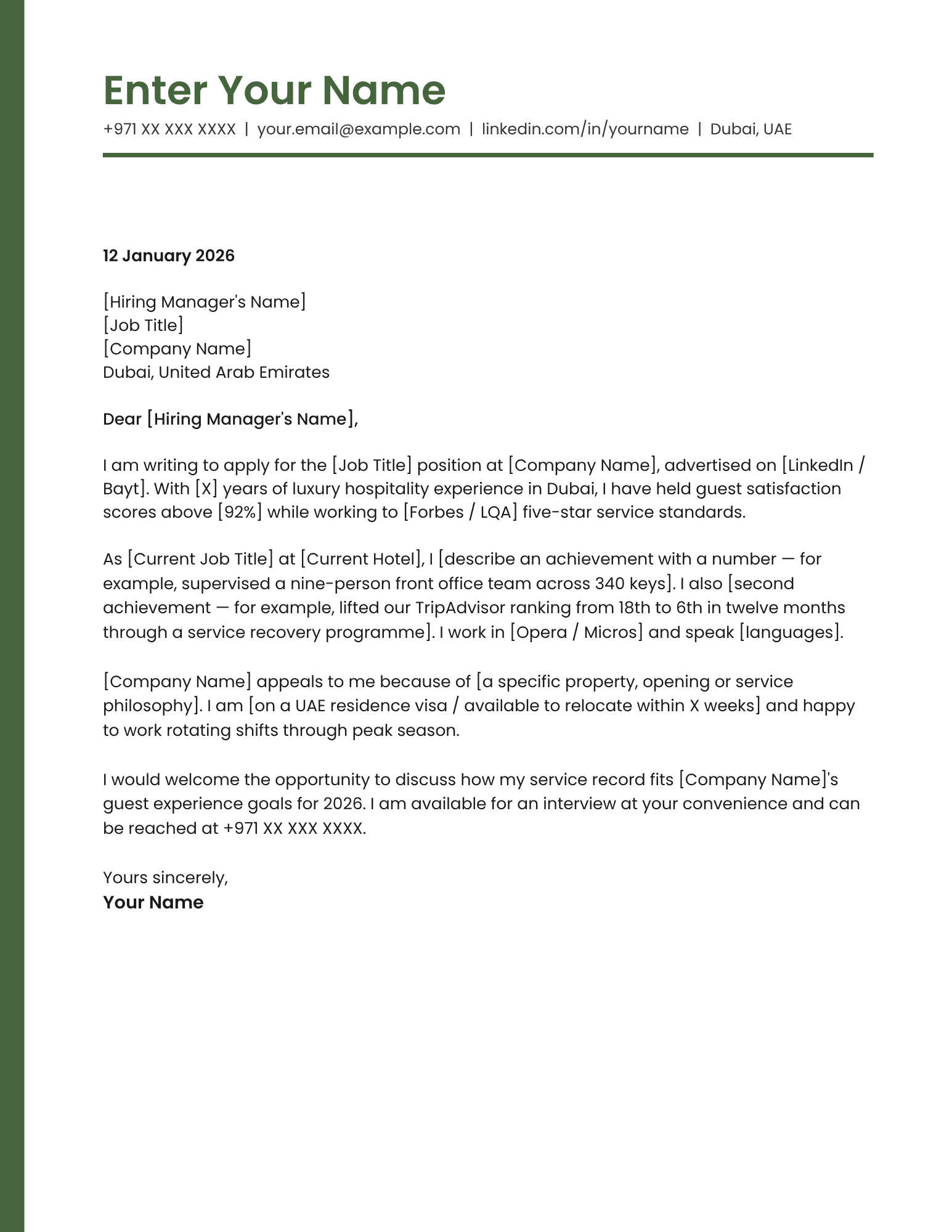 Dubai hospitality manager cover letter template contemporary style Canva A4