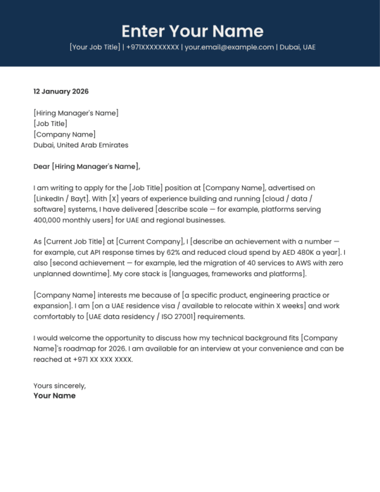 Dubai IT professional cover letter template modern tech design Canva A4