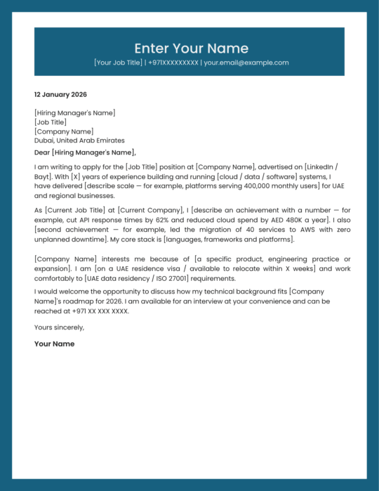 UAE software engineer cover letter template tech style Canva A4