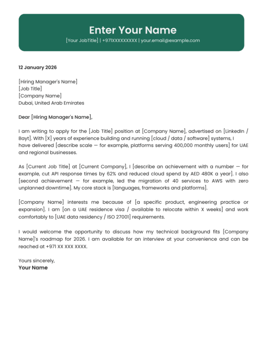 UAE web developer cover letter template contemporary design Canva A4