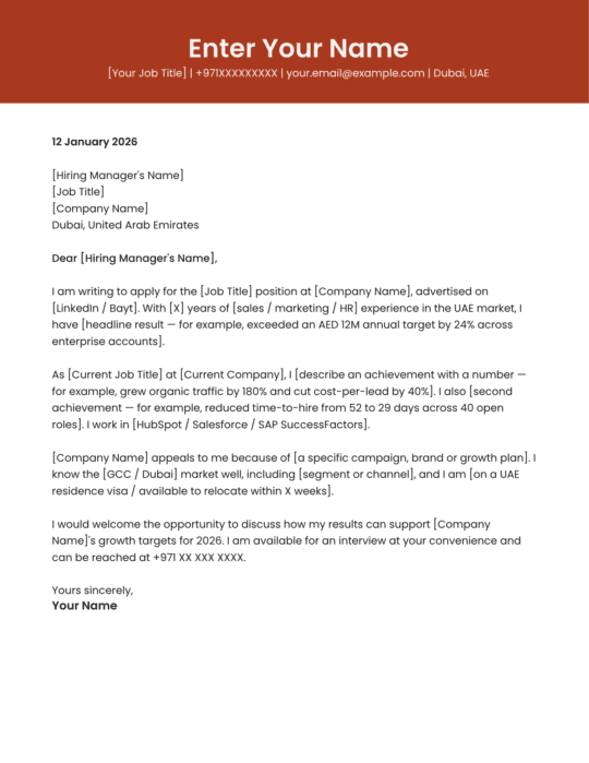 Dubai sales professional cover letter template modern design Canva A4