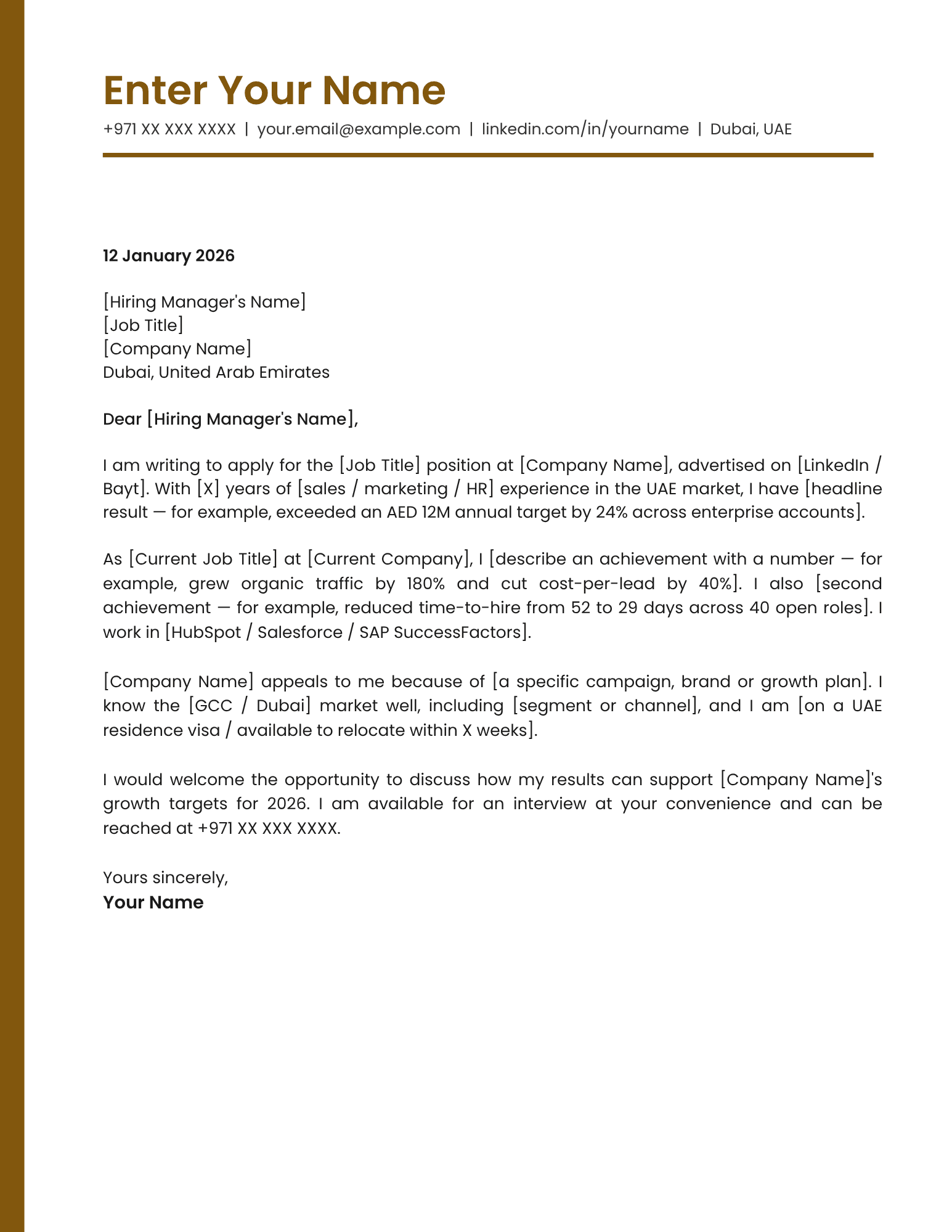 Dubai business development cover letter template classic professional Canva A4